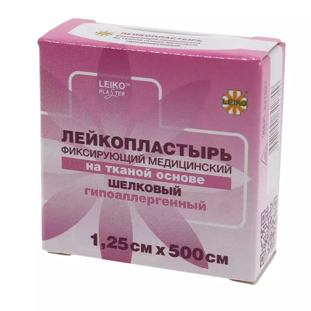 Лейкопластырь LEIKO, на шелковой основе, размер 1,25см*500см, гипоаллергенный, катушка в картонной коробке