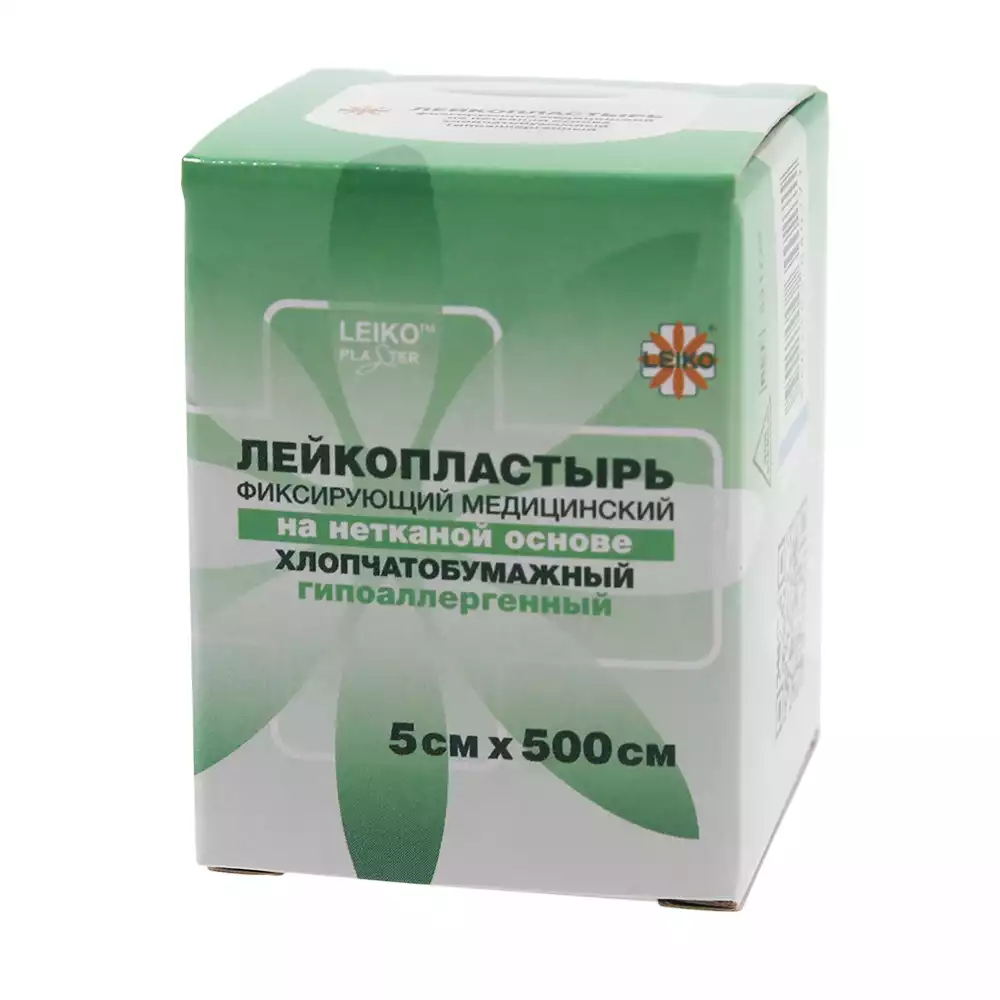 Лейкопластырь LEIKO, на нетканой хлопчатобумажной основе, размер 5см*500см, гипоаллергенный, катушка в картонной коробке