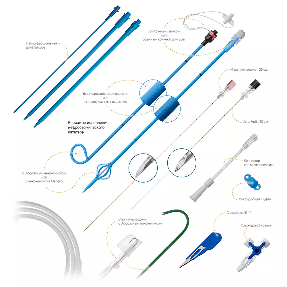 Набор P-1030-JGW для перкутанной нефростомии со струной-проводником с J-образным наконечником, без гидрофильного покрытия (строго под конечника - ЛПУ)