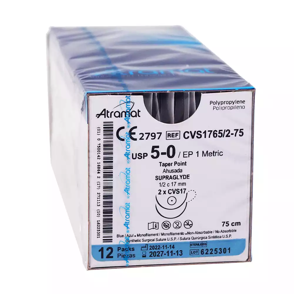 Атрамат (POLYPROPYLENE) 5/0 (1), длина 75см, игла двойная колющая Супраглайд CVS-17,1/2 окружности 17мм, синий, упаковка 12шт, SVC1765/75 (аналог Пролен W8556)