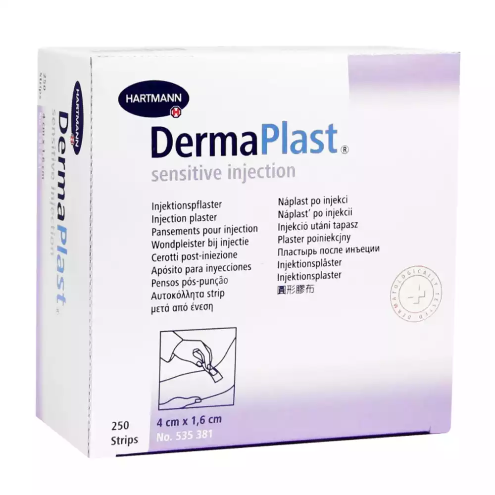 Лейкопластырь DERMAPLAST SENSITIVE, размер 4см*1,6см, гипоаллергенный постинъекционный, упаковка 250 шт.