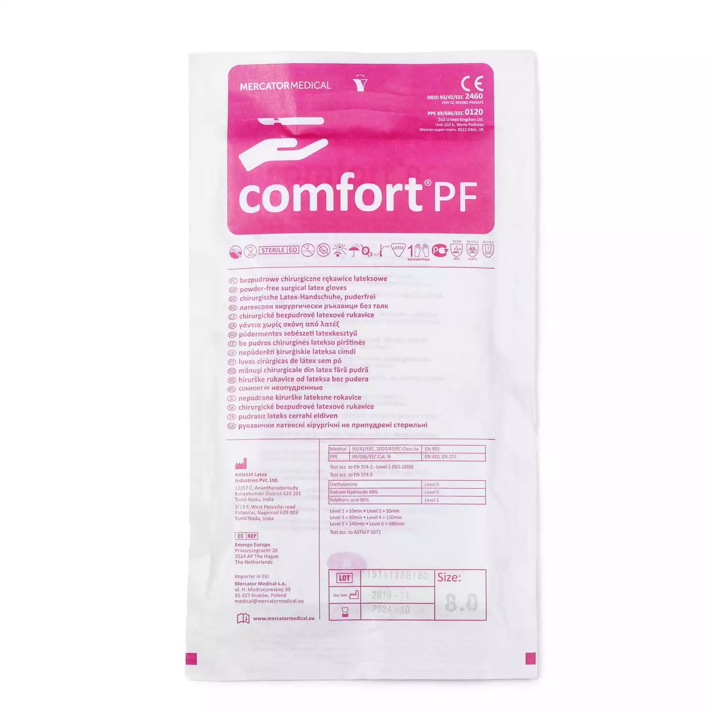 Перчатки Comfort® PF, хирургические стерильные неопудренные текстурированные, двойной хлоринации из натурального латекса, р.8,0