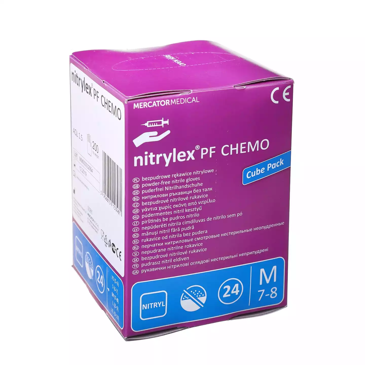 Перчатки Nitrylex® PF CHEMO в диспенсере CUBE, размер M, нестерильные нитриловые неопудренные текстурированные, длина 300мм, вес 5,0гр