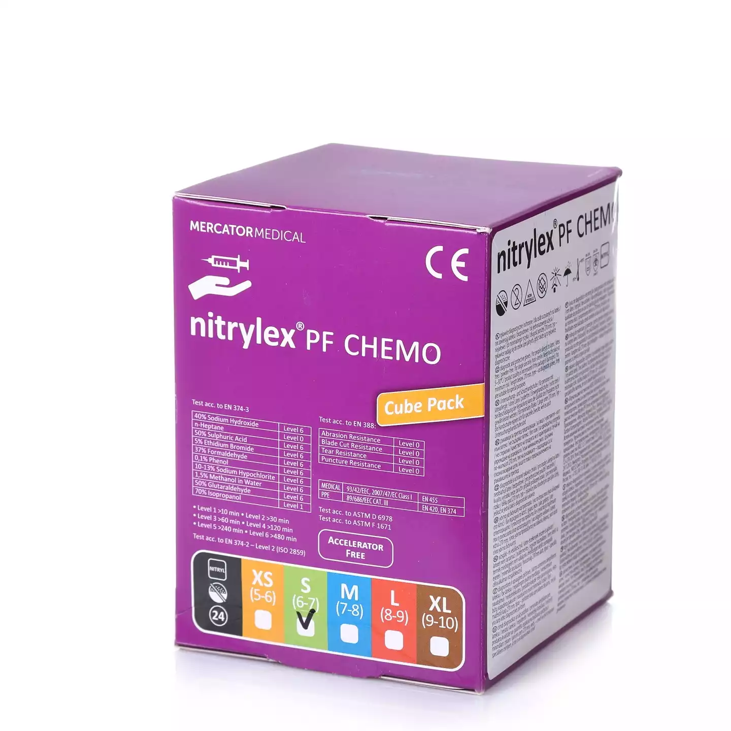 Перчатки Nitrylex® PF CHEMO в диспенсере CUBE, размер S, нестерильные нитриловые неопудренные текстурированные, длина 300мм, вес 5,0гр